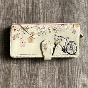 Shag Wear “let’s go for a‎ ride” Wallet Postcard Bike Birds Faux Leather Cream